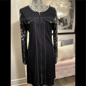 Navy Blue Denim Zip front dress with floral fabric detail